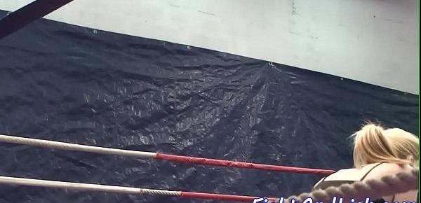  Pussylicking babes wrestle in a boxing ring